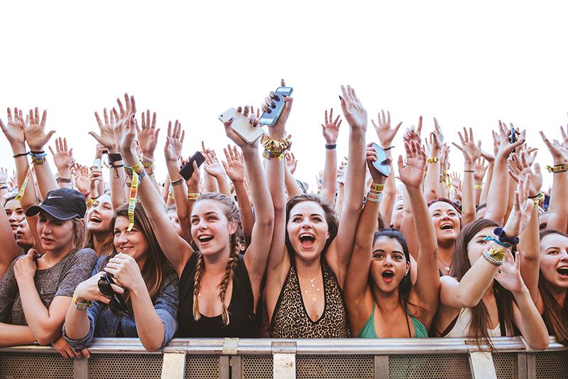 A happy crowd of young people cheering at a music festival.